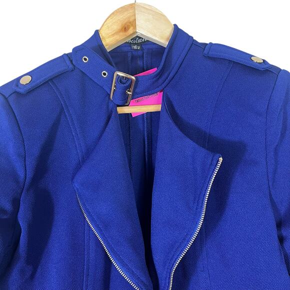 NWT Chocolate USA Cropped Jacket Womens L Navy Open Front Cutout Choker Moto - Picture 5 of 8